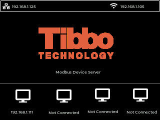 Live gateway screen: Modbus Device Server, Ethernet 192.168.1.125, Wi-Fi 192.168.1.105, and four Modbus device slots (192.168.1.111 connected, three Not Connected)