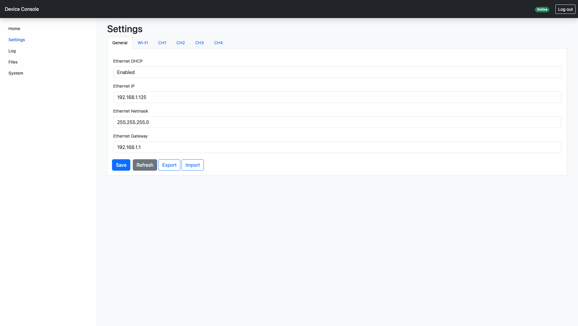 Device Console Settings page, General tab: Ethernet DHCP enabled, IP 192.168.1.125, netmask 255.255.255.0, gateway 192.168.1.1, with Save, Refresh, Export and Import buttons