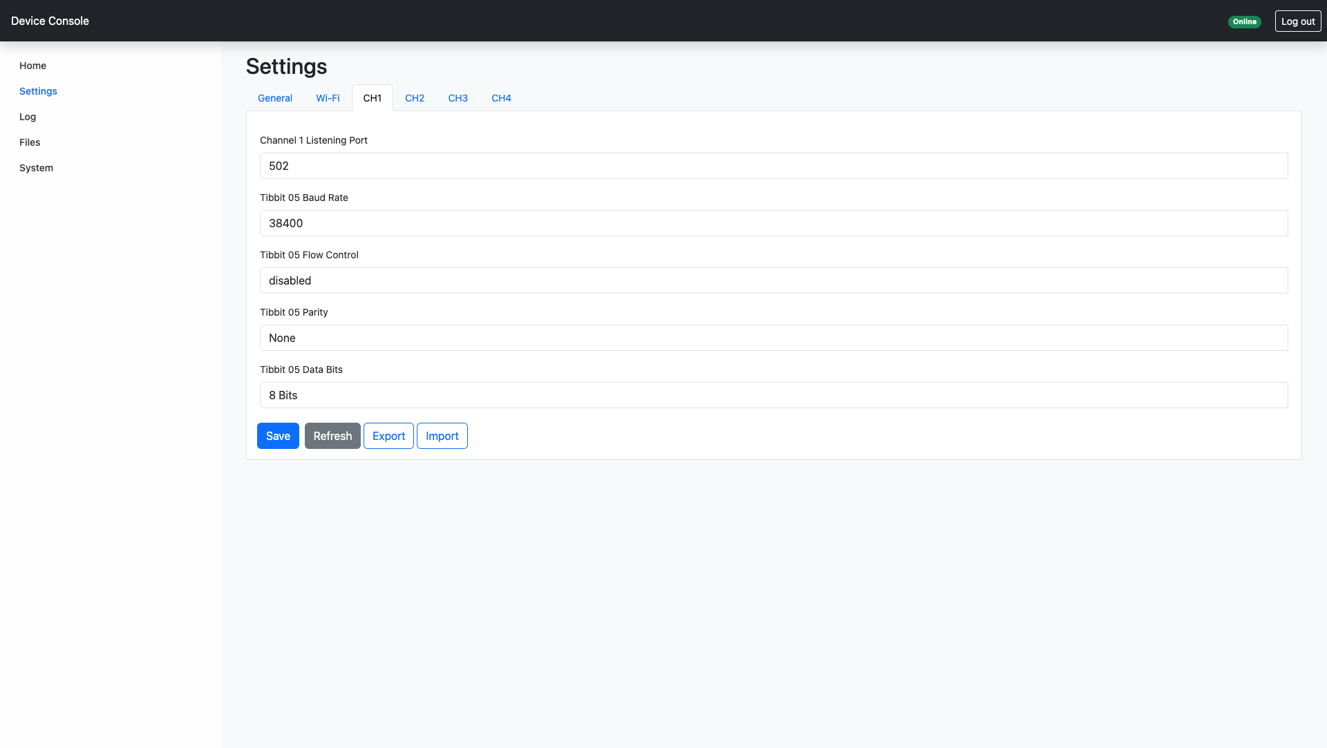 Device Console Settings page, CH1 tab: channel 1 listening port 502, Tibbit 05 baud rate 38400, flow control disabled, parity None, 8 data bits