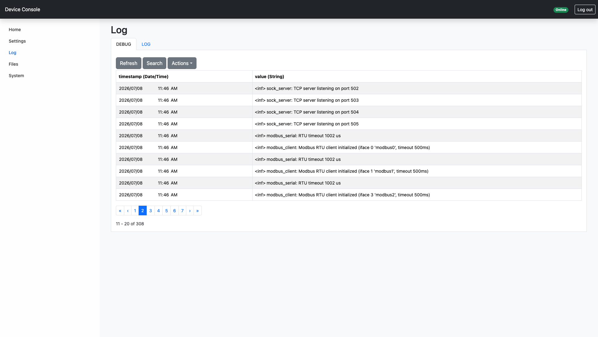 Device Console Log page, Debug tab showing timestamped entries: TCP servers listening on ports 502-505 and Modbus RTU clients initialized
