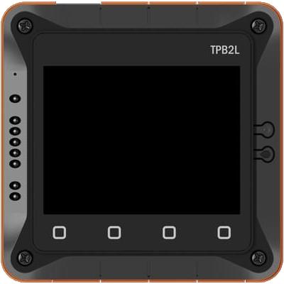 Tibbo Modbus Gateway in the TPB2L enclosure, front view with the 320x240 LCD status screen and four-key sensor keypad